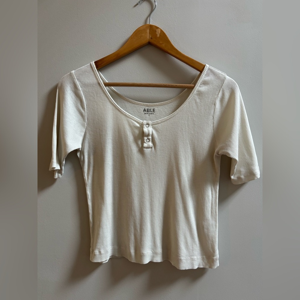 ABLE Cream Elbow Sleeve Ribbed Henley Shirt Size Small
